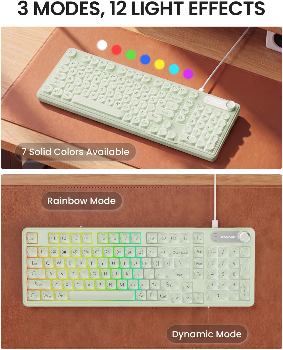 EWEADN Wired Creamy Keyboard with Number Pad, Media Knob, RGB Backlit-Green