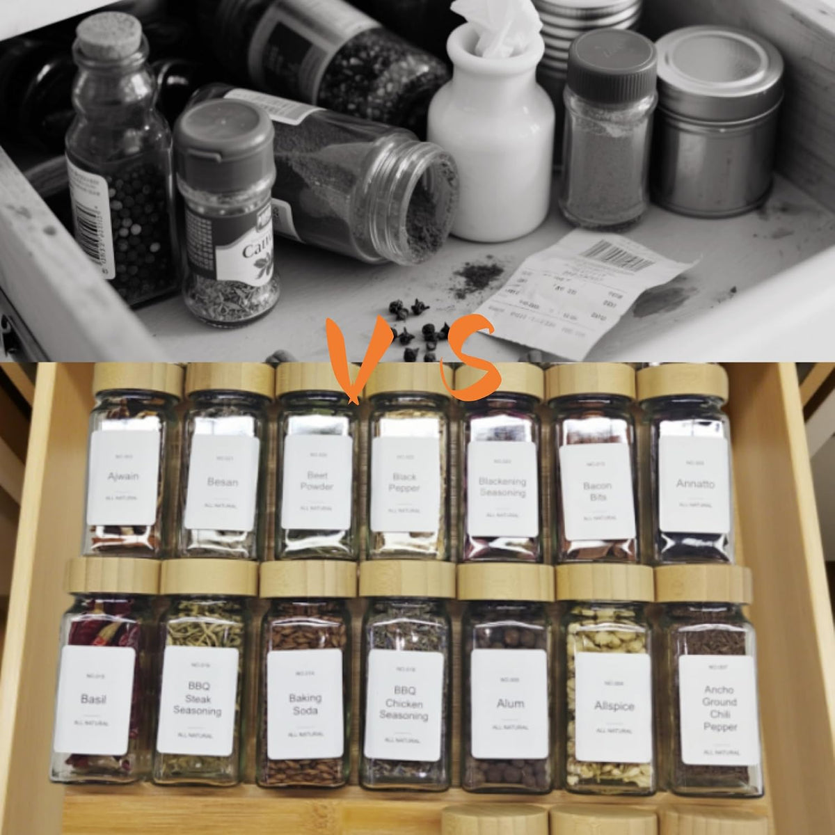 Spice Drawer Organizer with 28 Bamboo-lidded Spice Jars and 216 Labels,Non-sl...