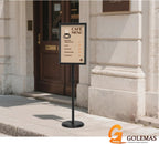 adjustable sign stand for display, pedestal floor signage shown in use