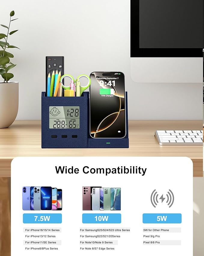 3-in-1 Wireless Charger with Pen Holder, Desk Clocks with Temperature and - Image 6