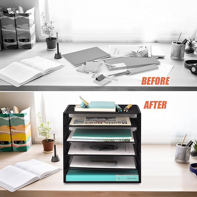 EASEPRES 5 Slot Mesh Desk Organizer Tray, File Paper Letter Folder Holder - Image 3
