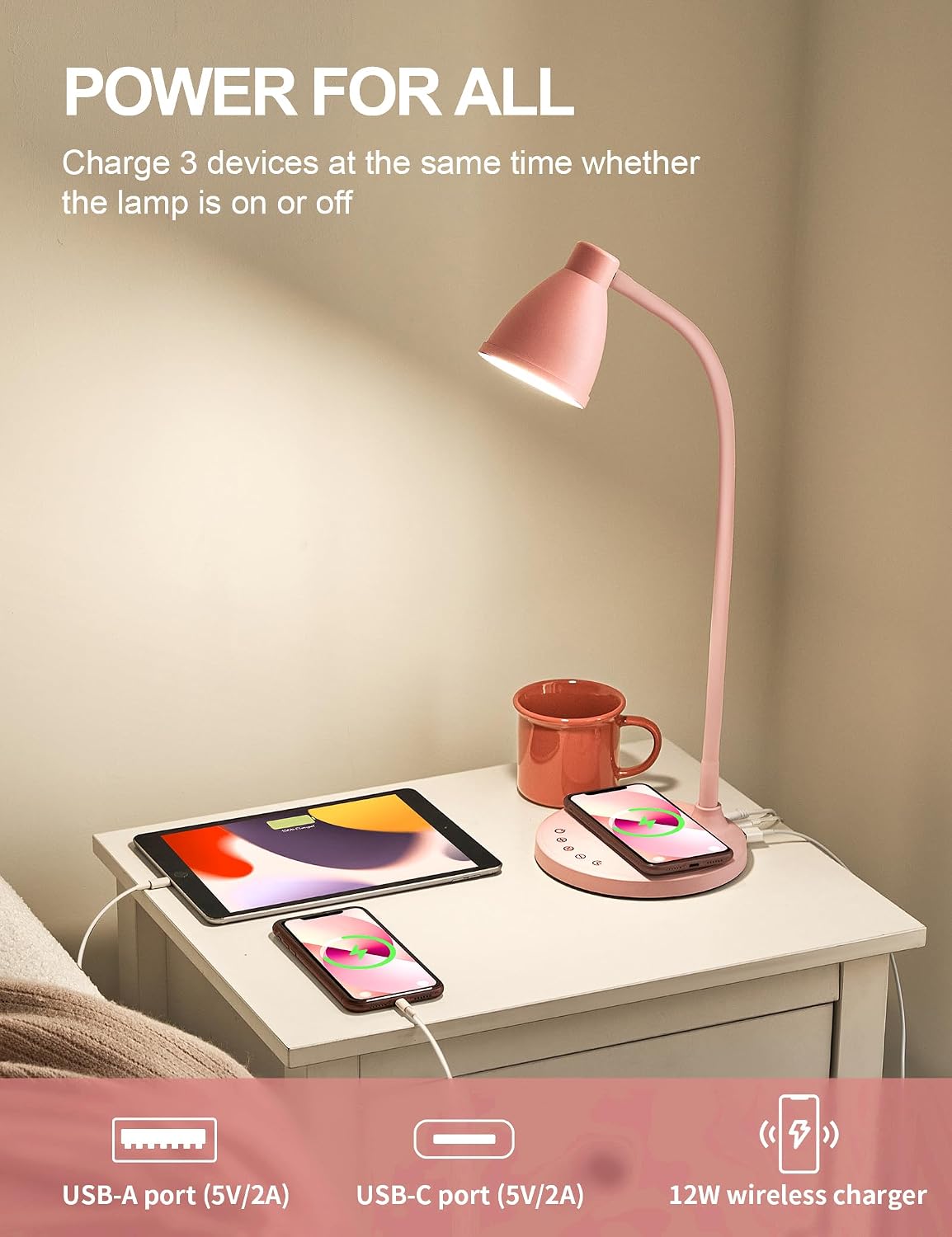 BOHON Cute Desk Lamp for Home Office with USB C+A Charging Port Timer Pink