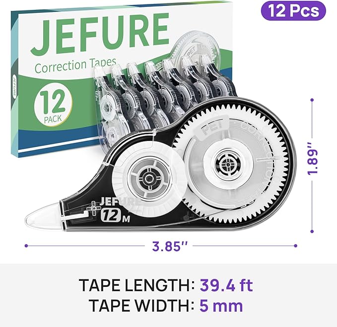 JEFURE 12 Pcs Correction Tape, 39.37 Ft White Wrong Out Tear-Resistant Bulk - Image 2