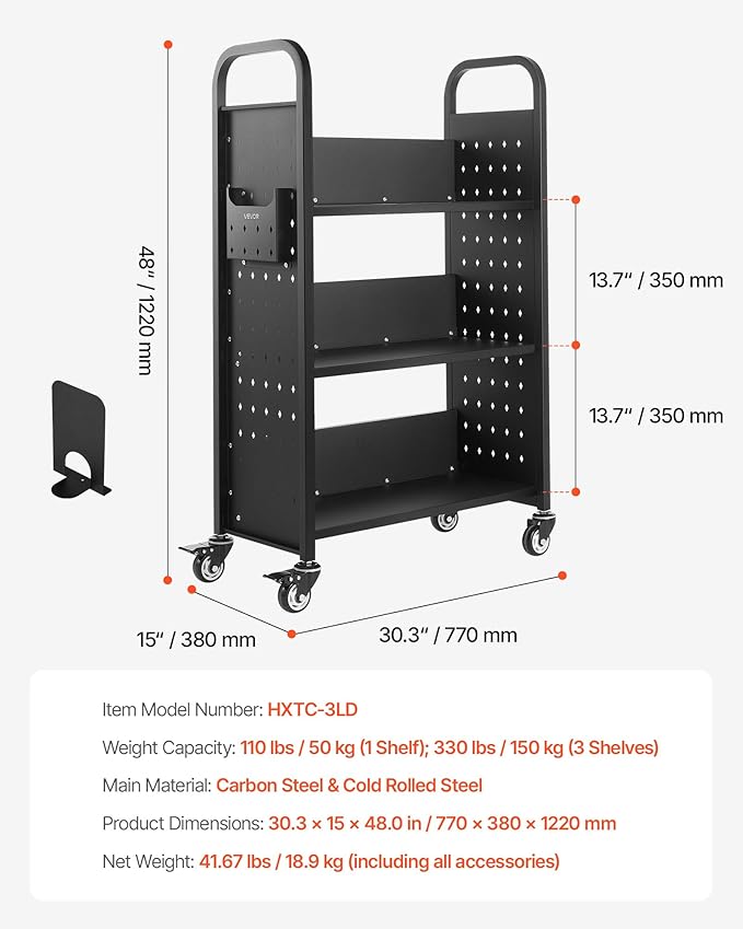 VEVOR Rolling Library Book Cart, 330 lbs Capacity, 30.3 x 15 x 48.0-Inch - Image 3