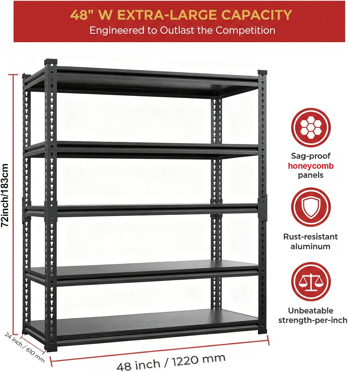 lauxery 5-tier heavy duty garage shelving, 48 x24 shown in use