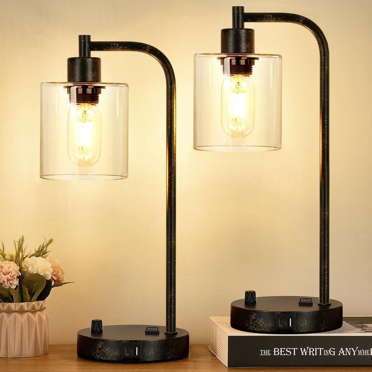 Set of 2 Industrial Table Lamps with USB Port, Rustic Black Fully Stepless Di...