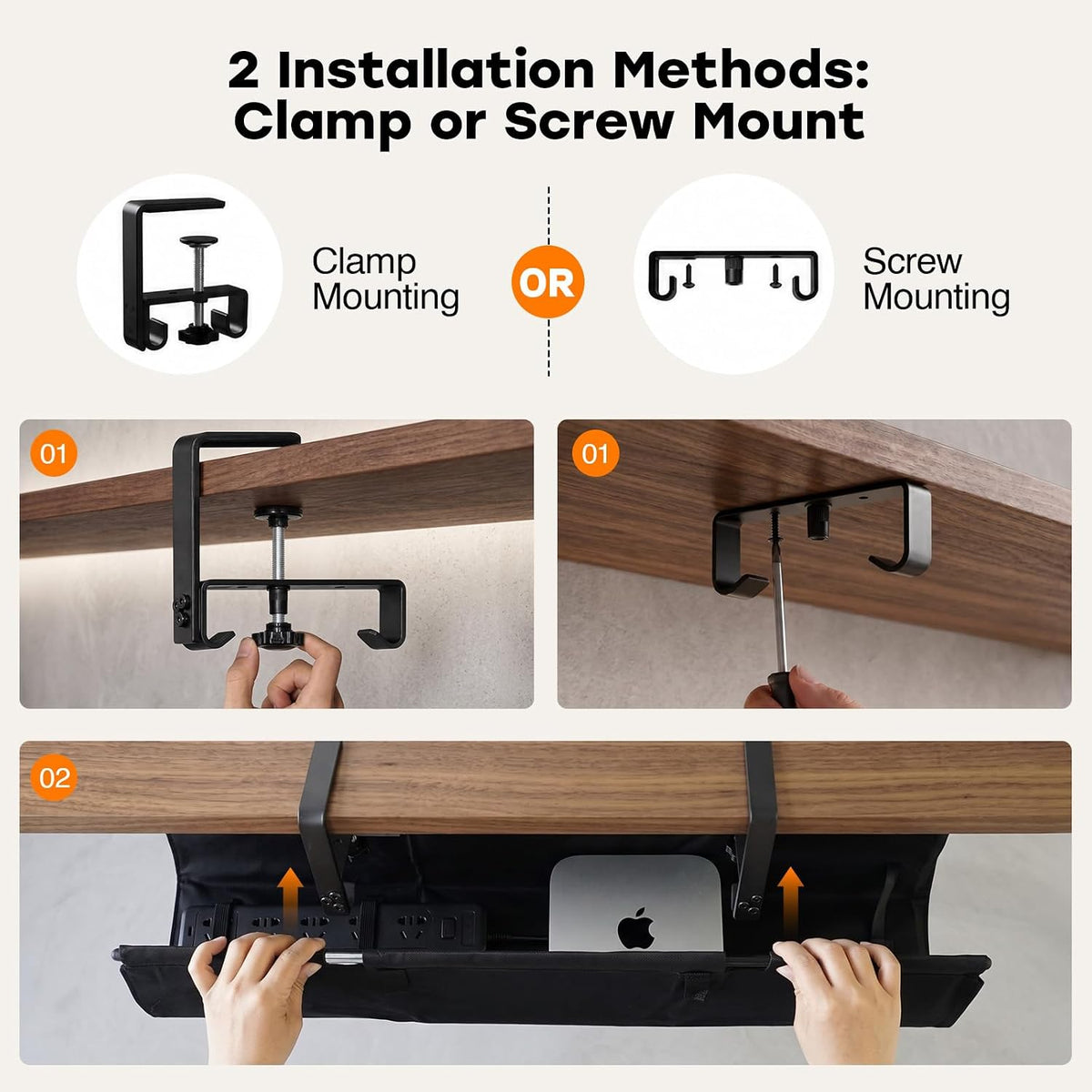 No Drill Under Desk Cable Management Tray, 28 Inch, Black