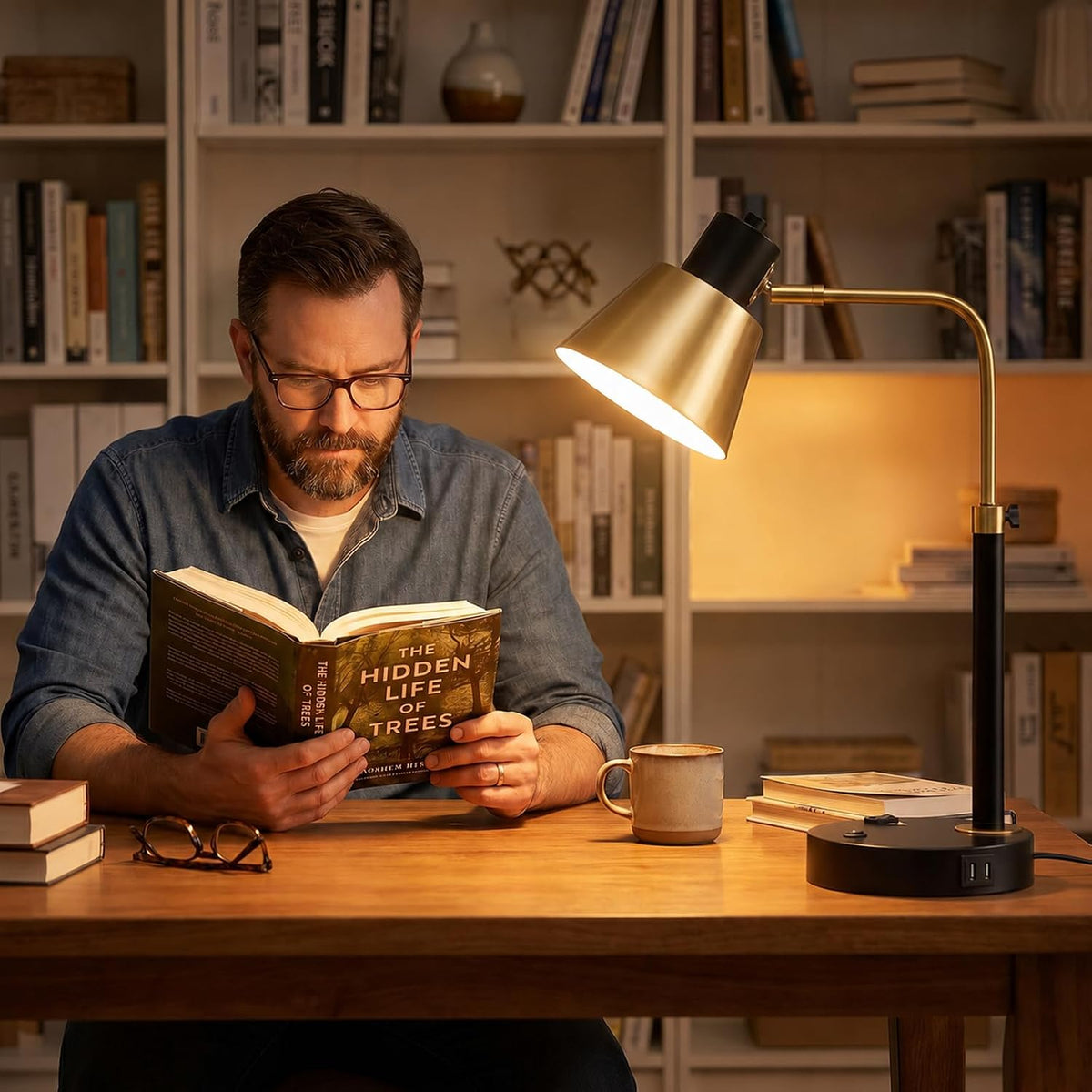 adjustable desk lamp with dual usb-c/a & ac showing dimensions