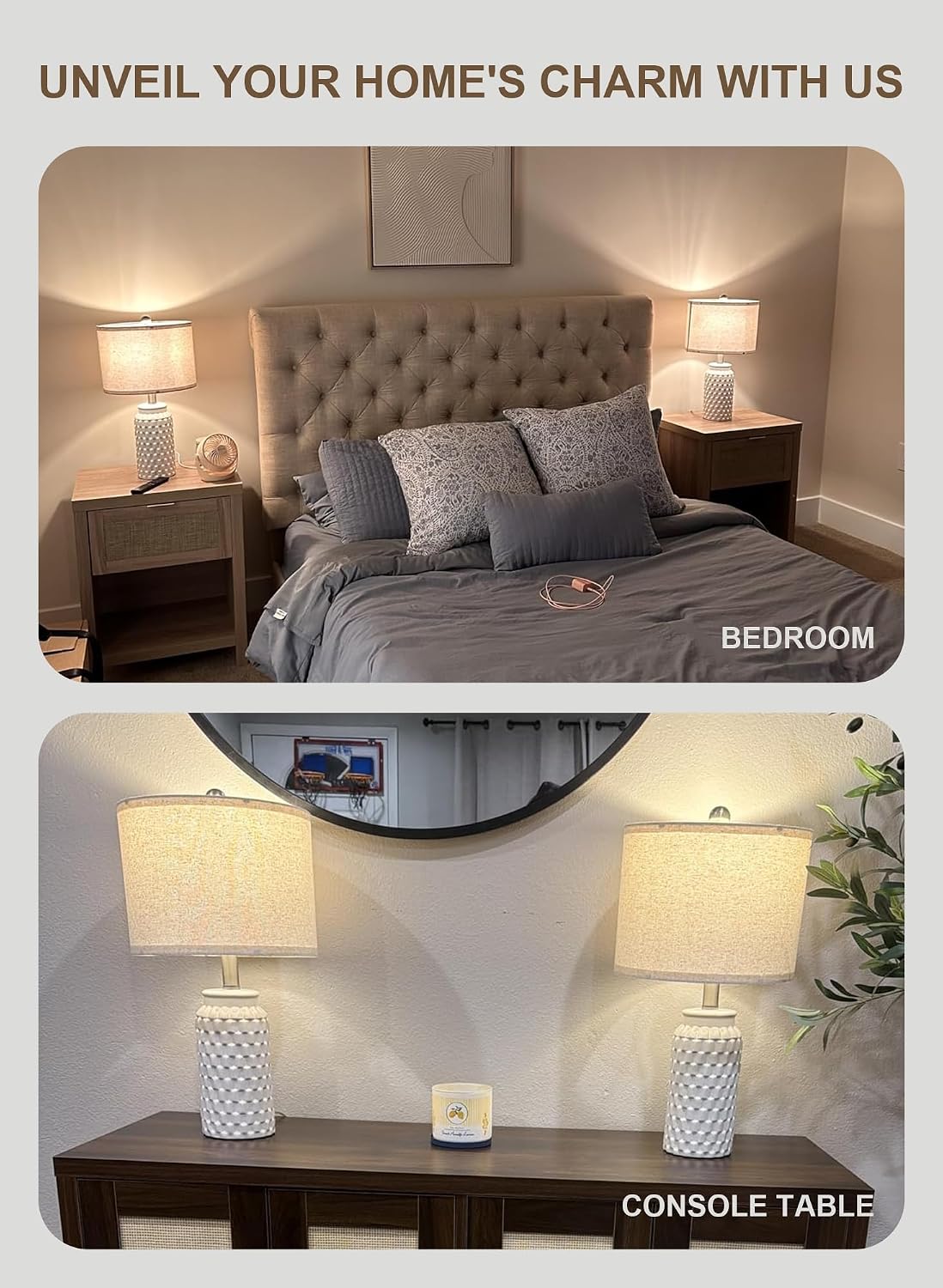 USumkky 20.5" White Modern Ceramic Bedside Lamps Set of 2, Small Table L...