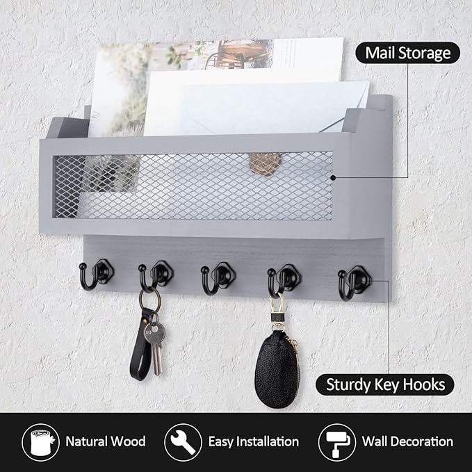 Nekon Mail and Key Holder for Wall Decorative, 11 Inch Wooden Wall Key Organizer - Image 3