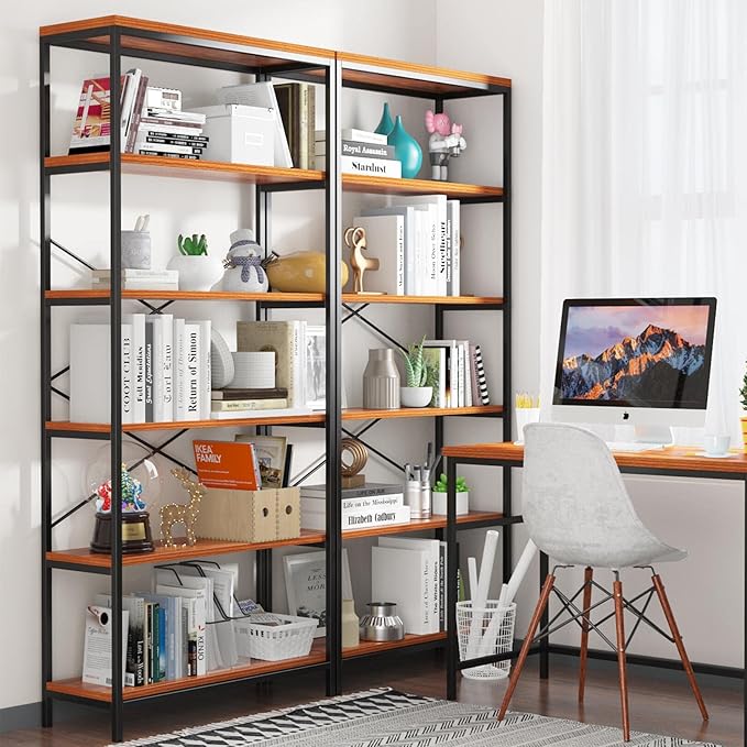 Himimi 6-Tier Bookshelf Set of 2, Tall Bookcase Industrial Wood Storage Rack - Image 3