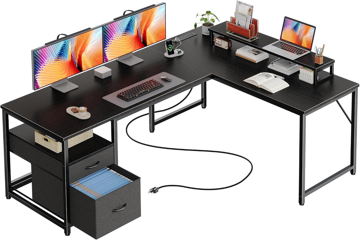 PRAISUN 55 Inch L Shaped Desk with Power Outlets and USB-C Port, Computer Cor...