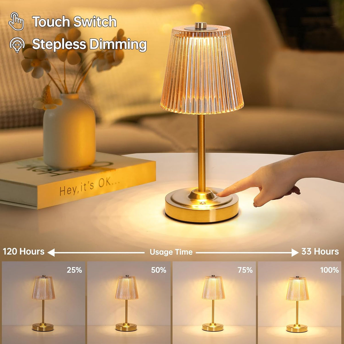 Shenmoyl Cordless Touch Table Lamp with 5200mAh Battery - 3 Adjustable Color ...