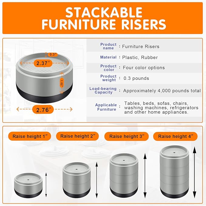 Furniture Risers Bed Risers Heavy Duty 1 inch, 2 inch, 3 inch, 4 inch Round - Image 2