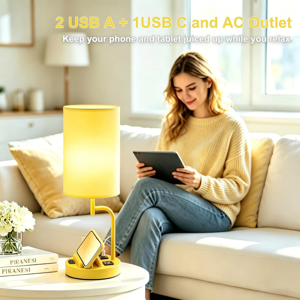 Dreamholder 2 Pack Table Lamp, Bedside Lamp with 3 USB Charging Ports & A...