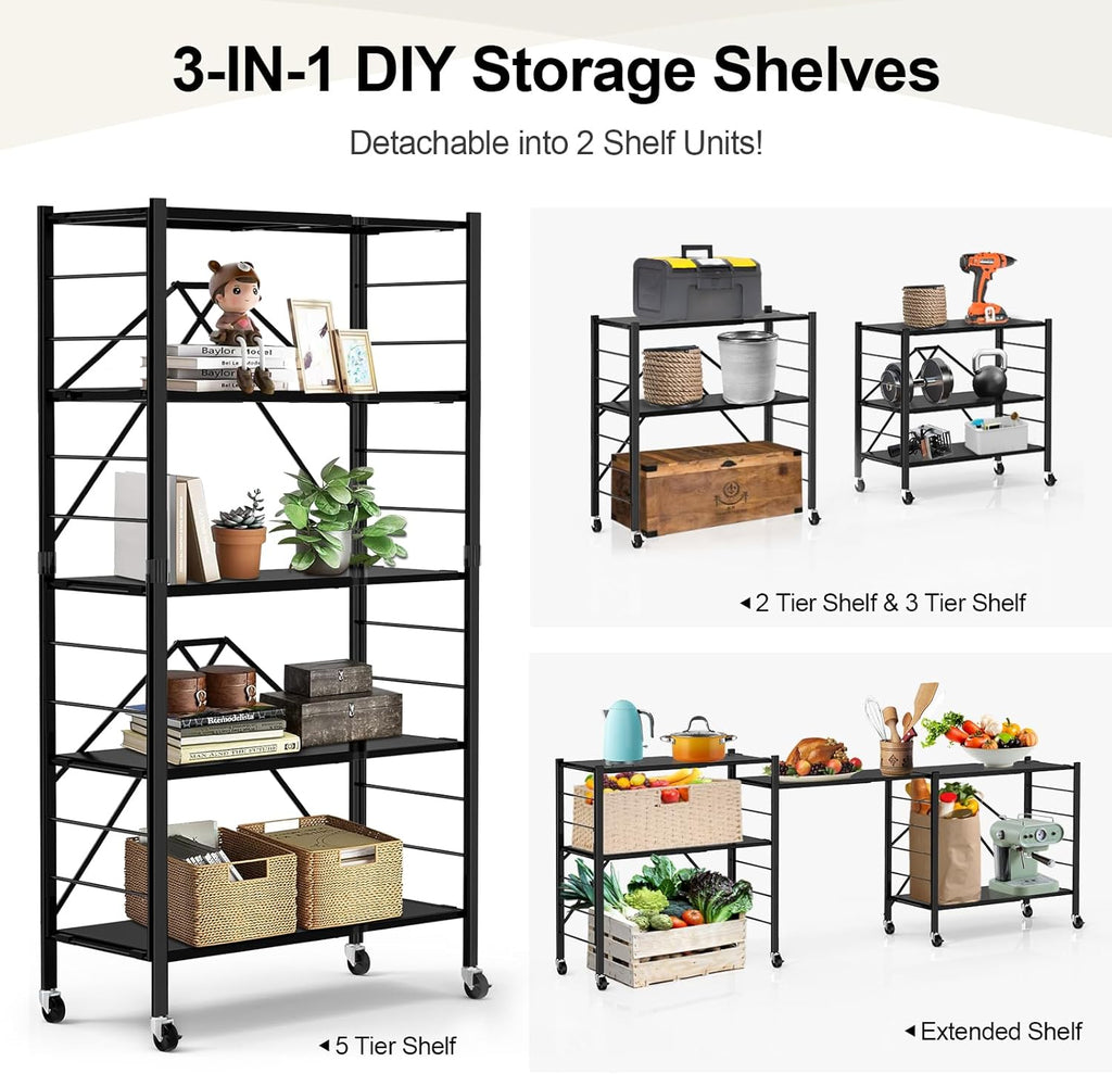 himix 5-tier foldable expandable storage shelves wheels kitchen, close-up detail