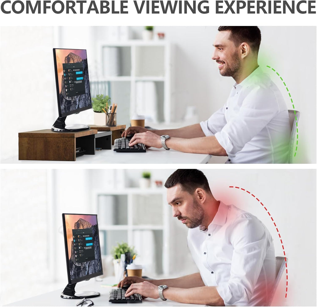 tavr dual monitor stand riser, wooden computer monitor showing dimensions