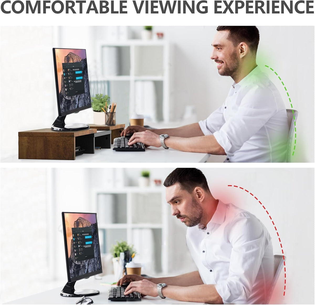 tavr dual monitor stand riser, wooden computer monitor showing dimensions