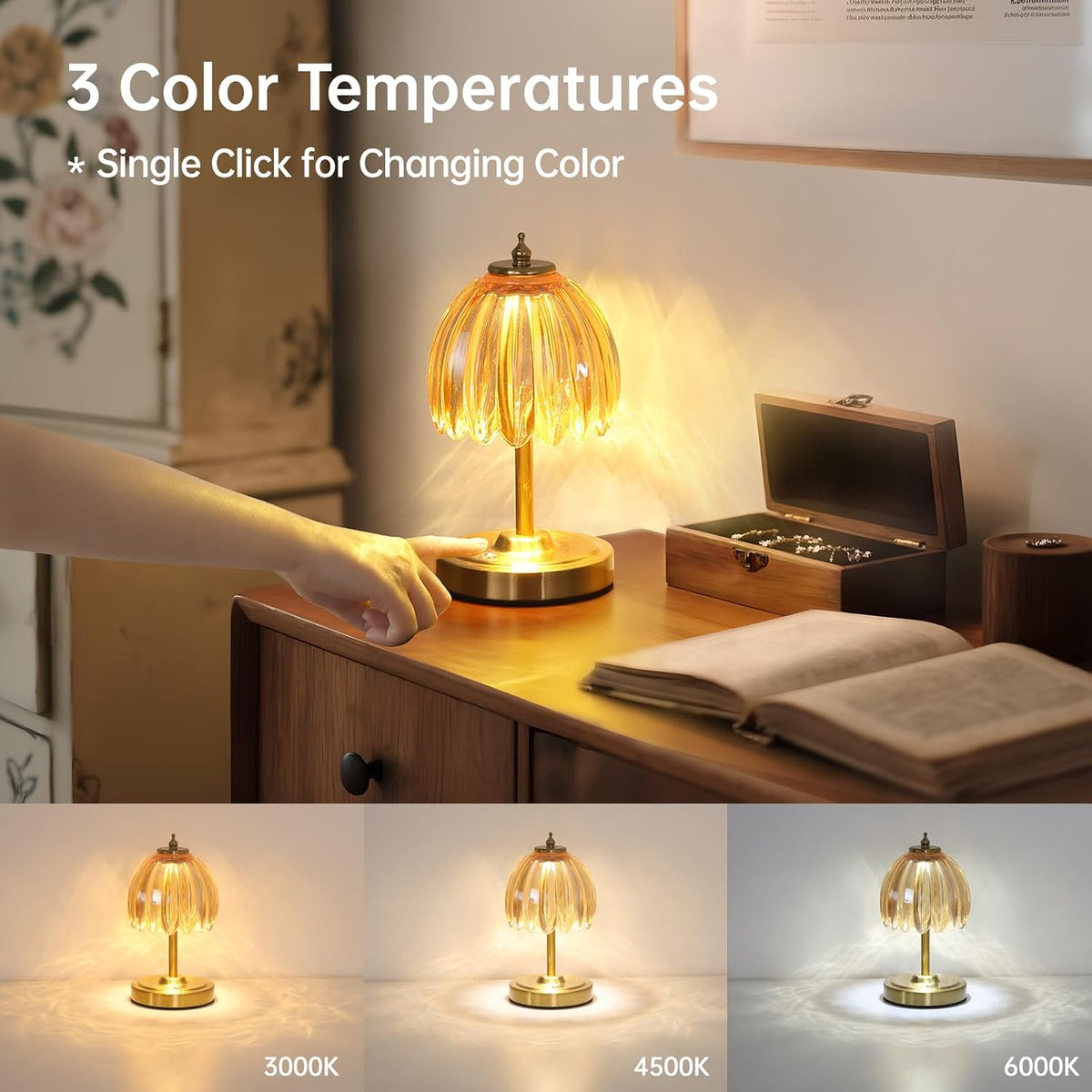 Shenmoyl Tulip Small Table Lamp, 5200mAh Cordless Touch Control Mini Table La...