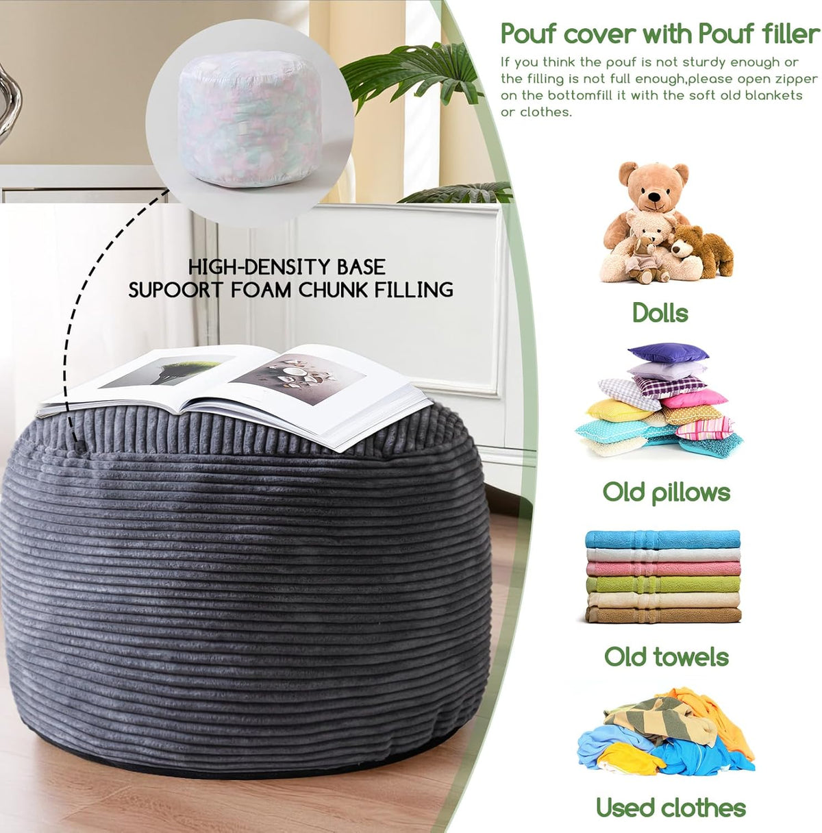 higogogo round stuffed pouf ottoman, corduroy poufs with, side view