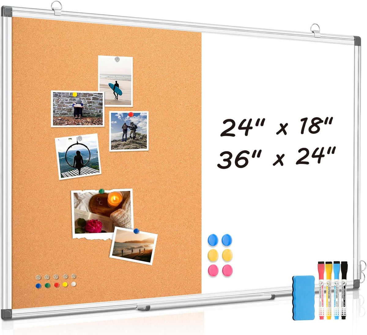 Magnetic Dry Erase White Board Cork Board Combo for Wall with Accessories