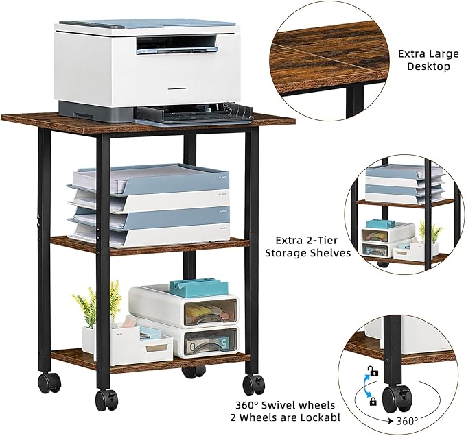 Lerliuo 3-Tier Printer Stand, Industrial Mobile Printer Table - Image 8