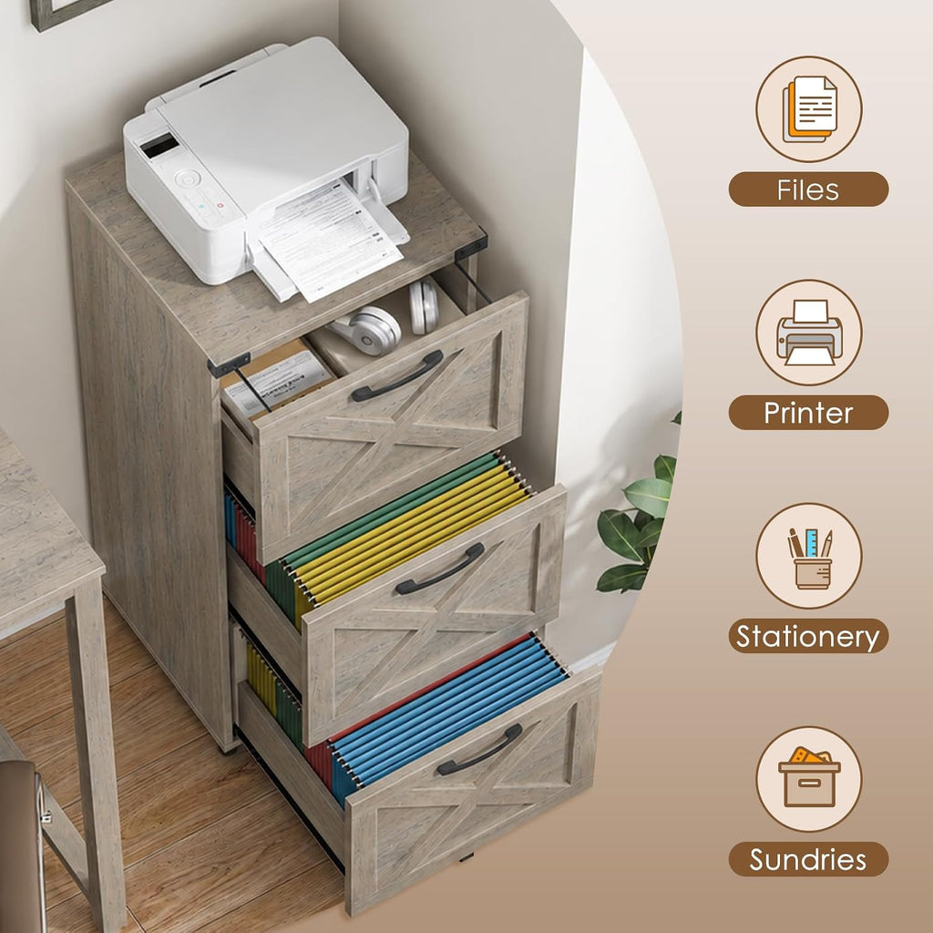 3 drawers tall farmhouse file cabinet with wheels on a desk or shelf