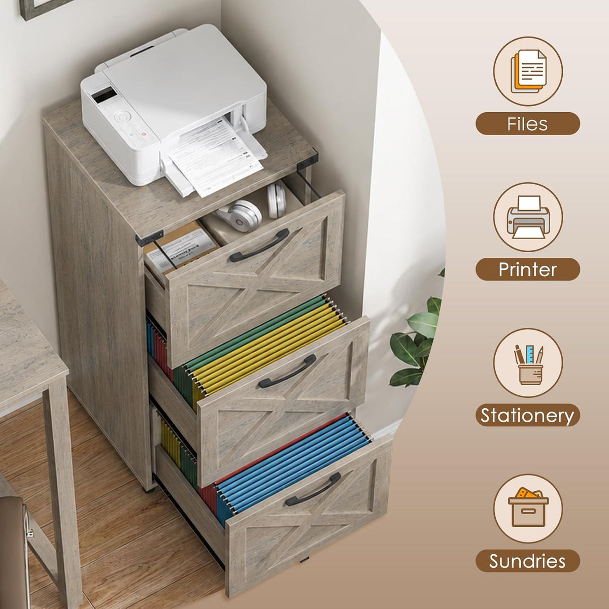3 drawers tall farmhouse file cabinet with wheels on a desk or shelf
