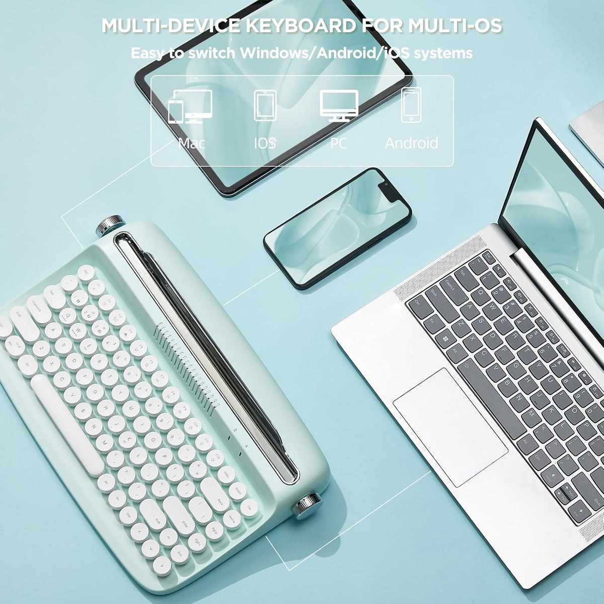YUNZII ACTTO B303 Wireless Retro Typewriter Bluetooth Keyboard(Sweet Mint)