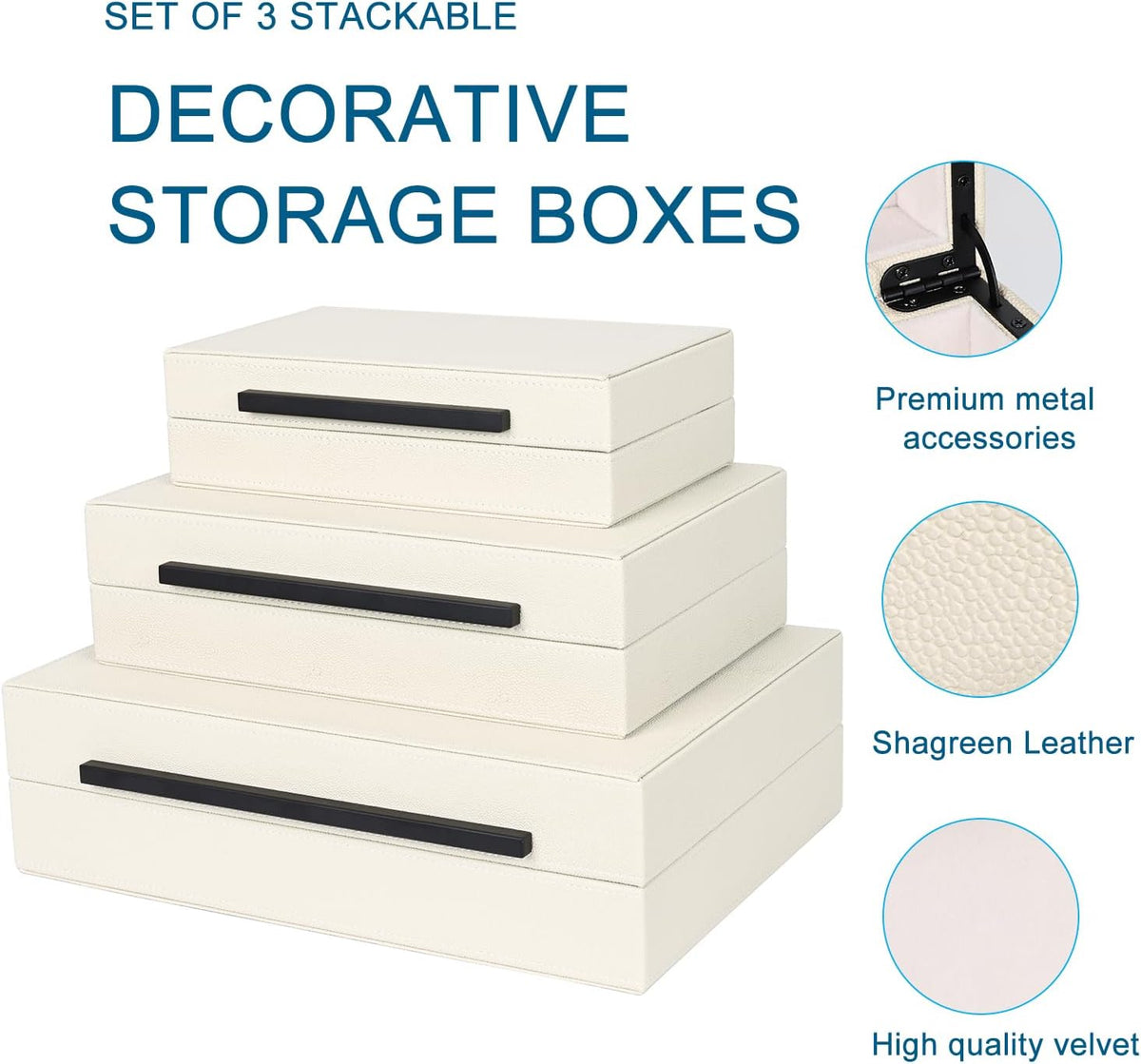 Beige Shagreen Decorative Box Set of 3 - Faux Leather Nesting Storage Boxes w...