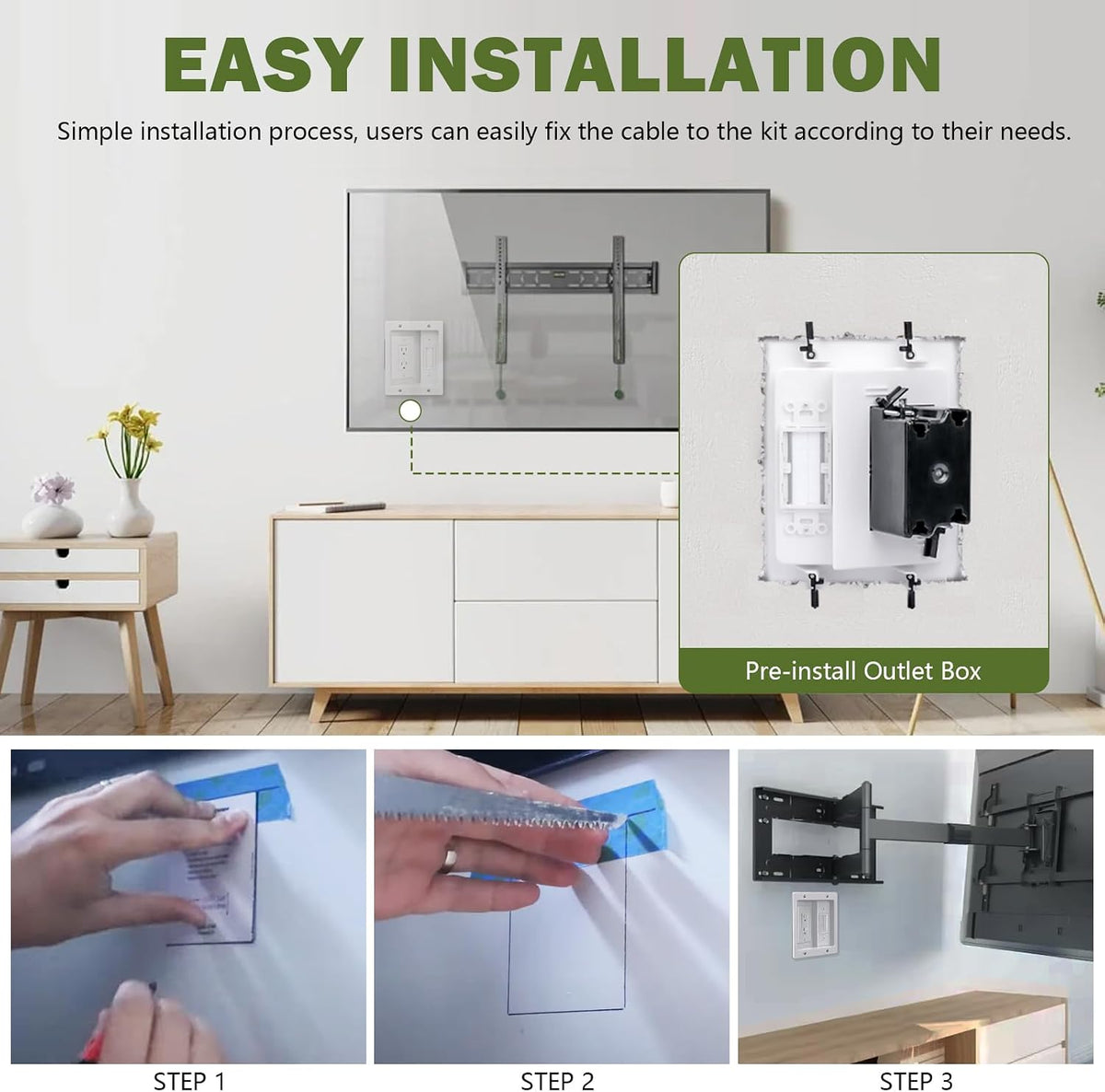 Wall Cable Concealer Management Box Recessed Outlet Wall Mount Behind TV