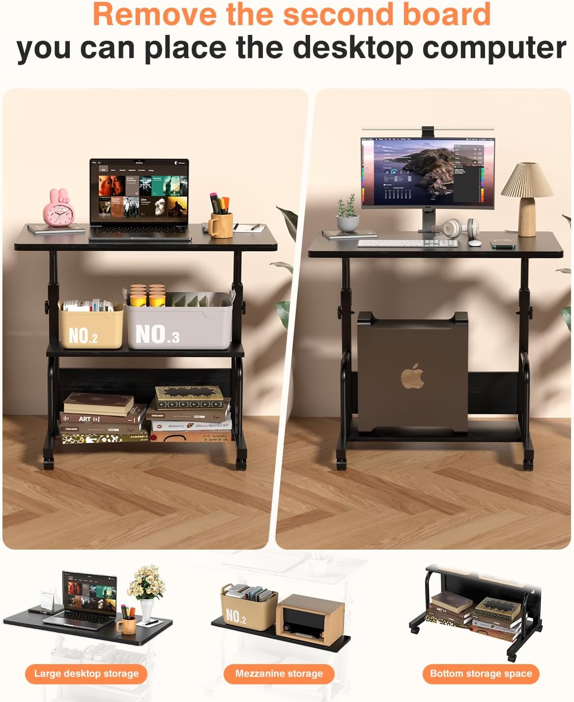 QZMDSM Portable Rolling Desk on Wheels Adjustable Height Desks for Small Spac...