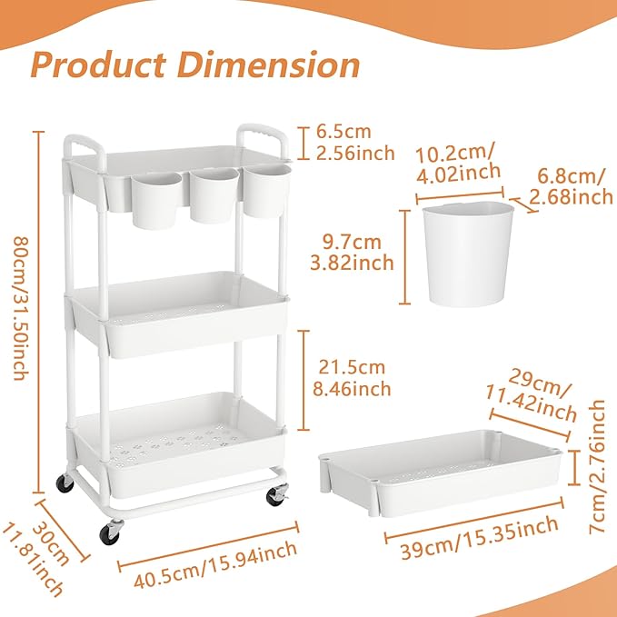 JIUYOTREE 3-Tier Plastic Rolling Storage Cart Utility Cart - Image 2