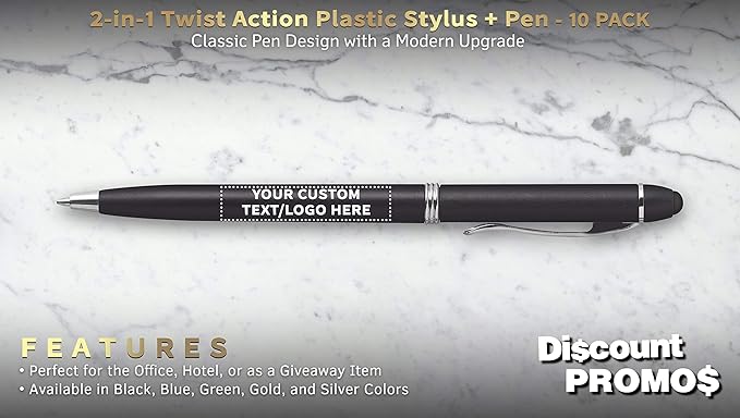 DISCOUNT PROMOS Custom Twist Action Plastic Stylus Pens, Personalized Bulk Pack - Image 2