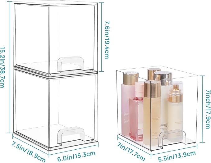 Vtopmart 7.6" H Clear Stackable Storage Drawers, 2 Pack Plastic Organizers Bins - Image 3