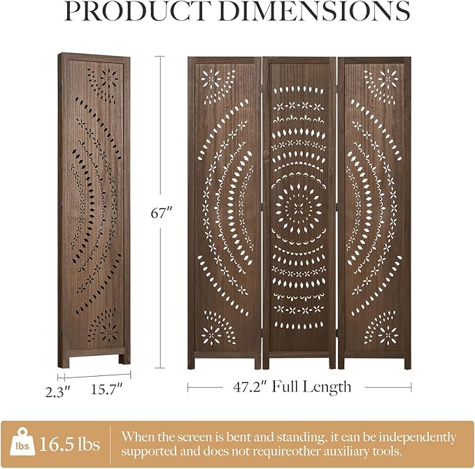 66.9Inch Folding Room Divider, 3 Panels Wood Carved Privacy Screens, Free - Image 7
