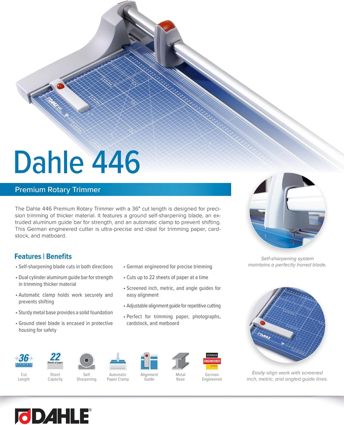 Dahle 446 Premium Rotary Trimmer, 36" Cut Length, 25 Sheet Capacity, Sel...