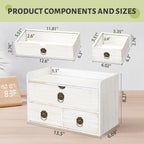 wood desk organizer with drawer, white wooden desktop, close-up detail