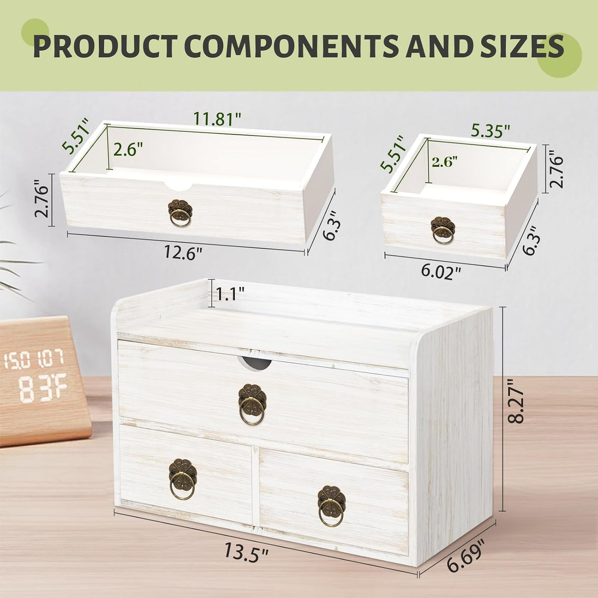 wood desk organizer with drawer, white wooden desktop, close-up detail