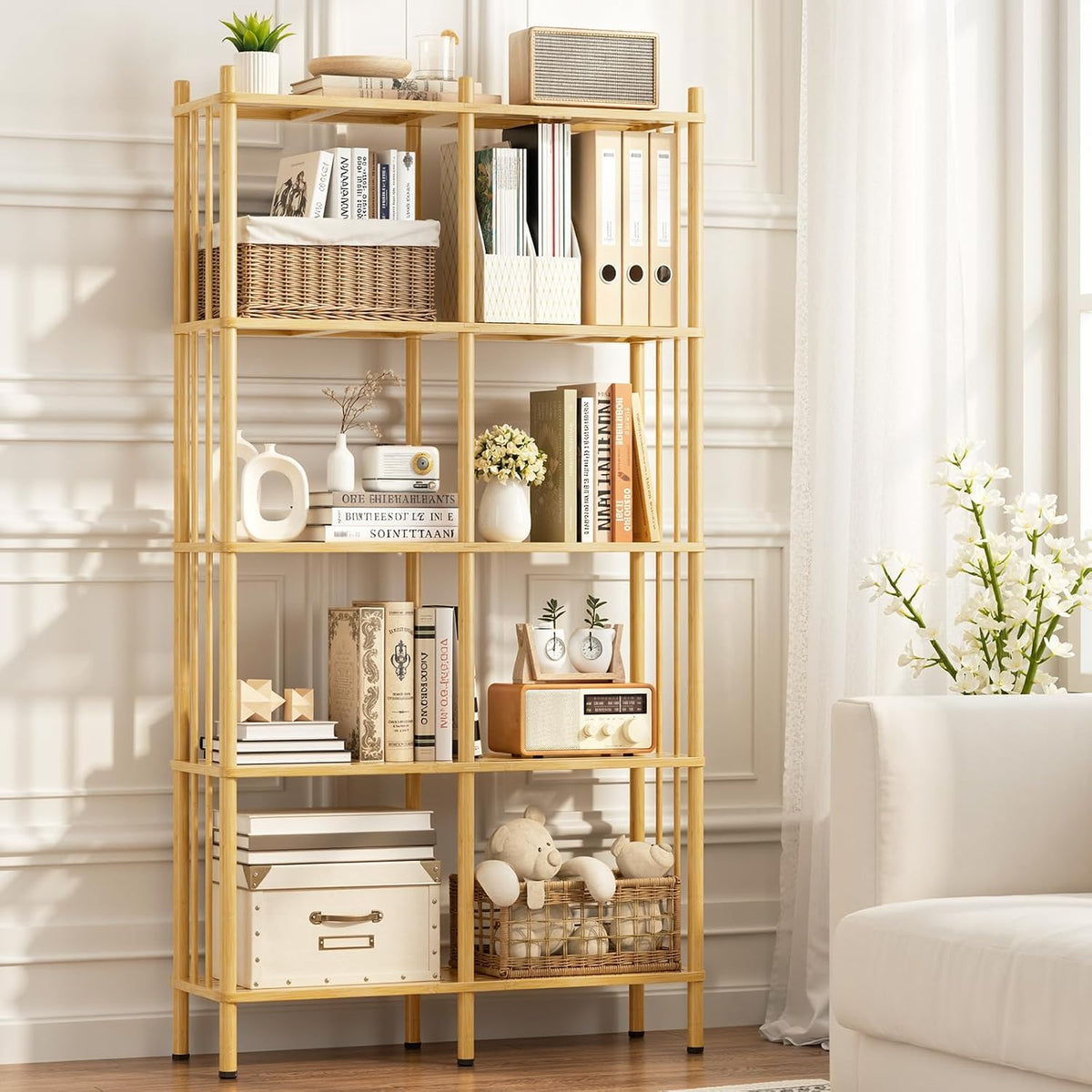 5 Tier Book Shelf, Tall Bamboo Bookcase, Wide Bookshelf with 10 Open Display ...