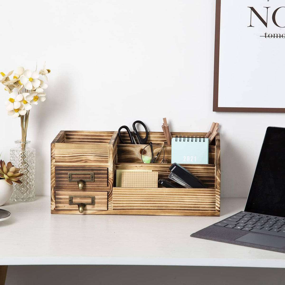 Distressed Rustic Wooden Office Desktop Drawers Organizer Wood Shelf Tabletop...