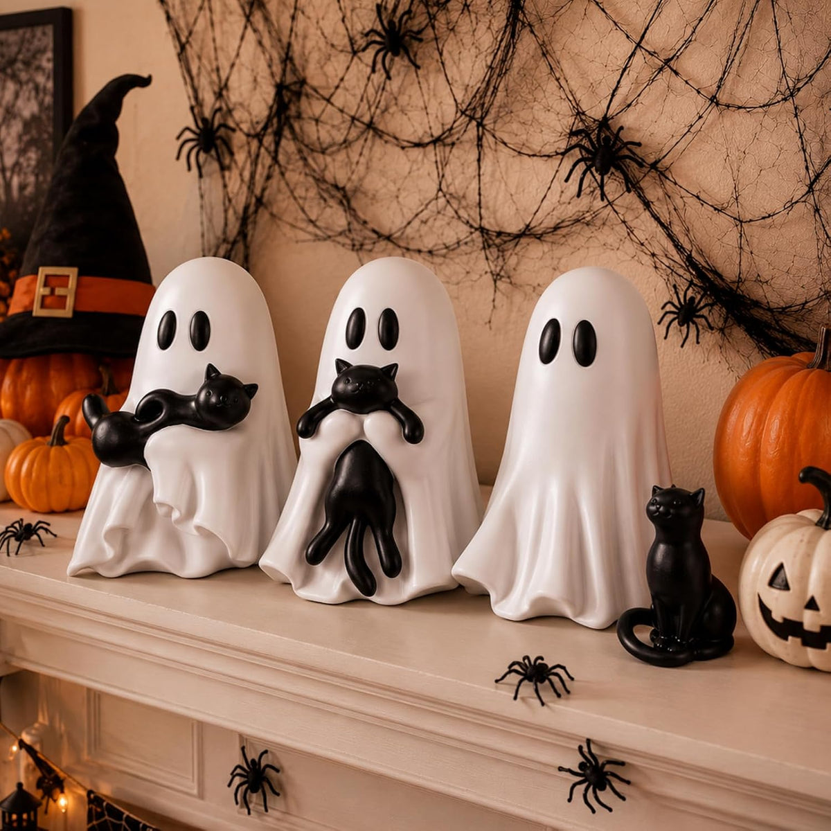 RattanView 4 Pcs Large Halloween Ghost Cat Table Decor, 6" Cute Figurines