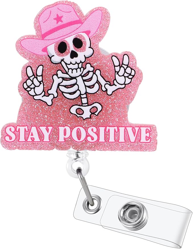 Stay Positive Skull Funny Nurse Badge Reel, Retractable ID Card Badge Holders by BVIIE