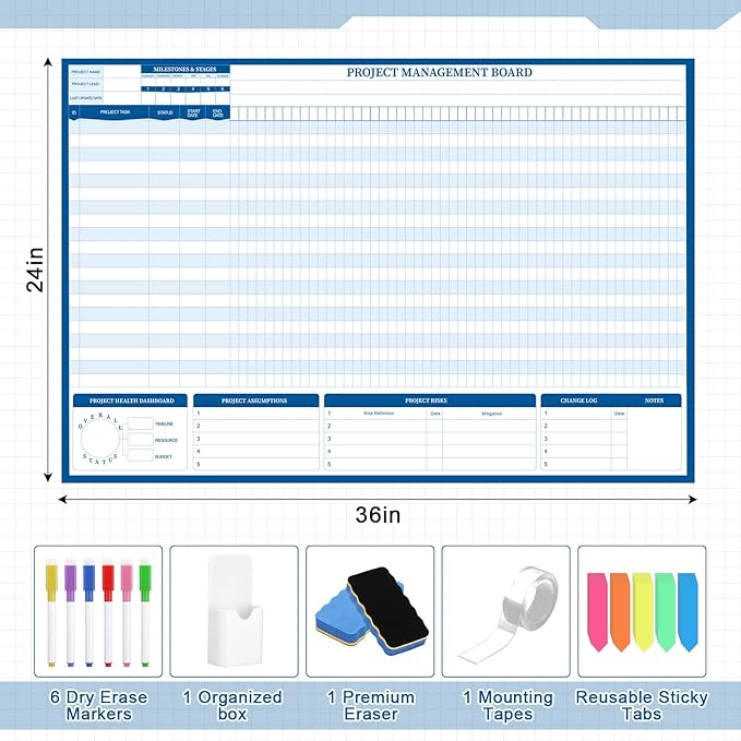 Lincia Large Magnetic Gantt Chart Whiteboard Kit 24" x 36" Reusable Visualize - Image 2