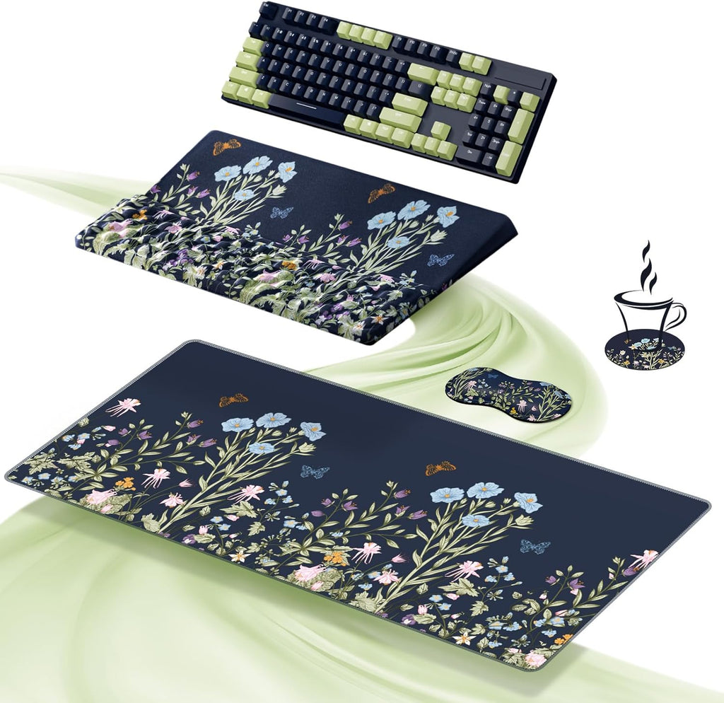 Ospelelf Keyboard Wrist Rest Stand Pad and Ergonomic Mouse Pad Set with Large Mousepad, Memory Foam Comfort, Premium Office Desk Accessories for Pain Relief, Moonlit Blossoms
