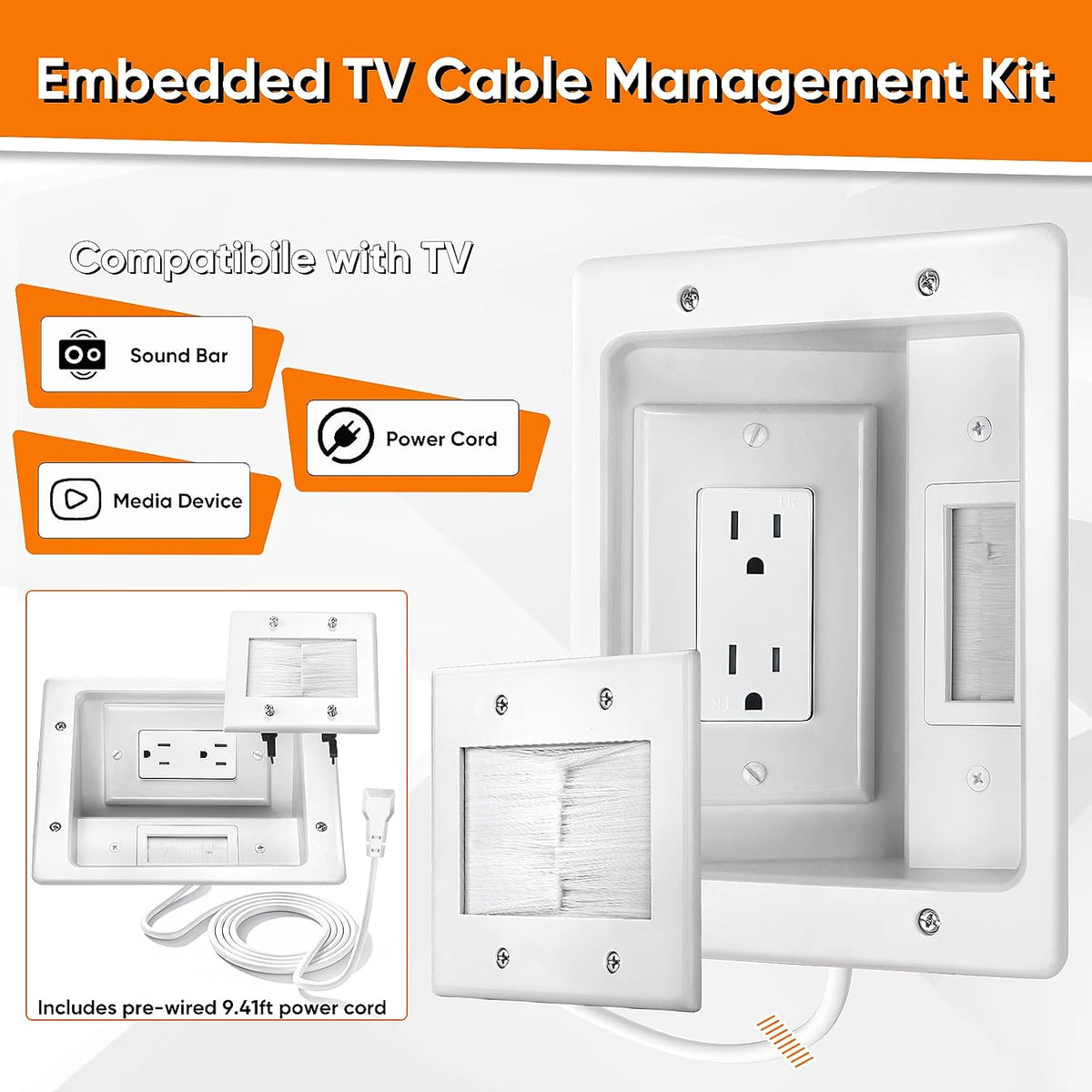 in Wall Cable Management Kit, TV Cable Hider Wall Kit with Recessed Outlet