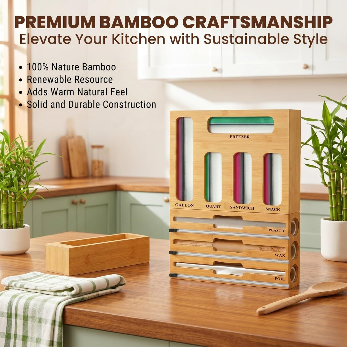 9 in 1 Storage Bag Organizer for Kitchen Drawer, Bamboo Foil and Plastic Wrap...