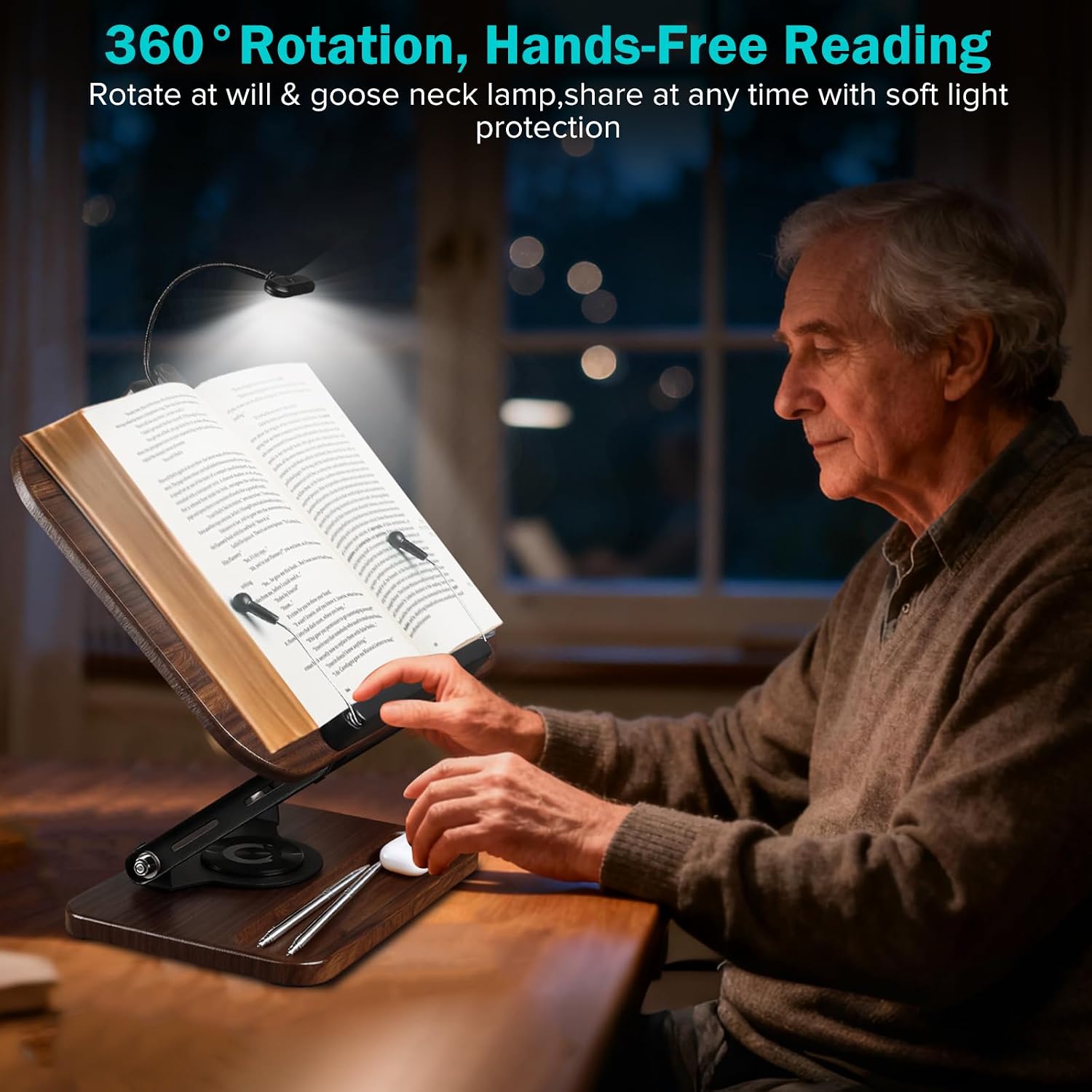 Book Stand with Light & Storage, Book Holders for Reading Hands Free | bible stand holder, wooden cookbook stand, adjustable Height, 360 °Angle, for Recipe Magazine Laptop Tablet Bible