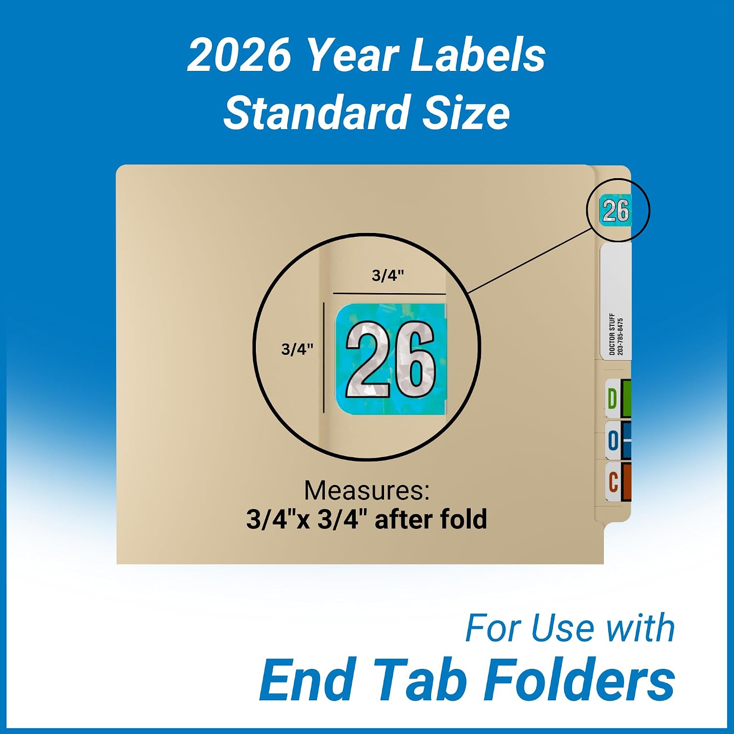 2026 Chart Stickers, Holographic Aqua, End Tab, 3/4 x 1-1/2, 500/Roll | Doctor Stuff 26 Year Stickers & Labels, Permanent-Adhesive USA Made to Stay Put for the Life of the Chart