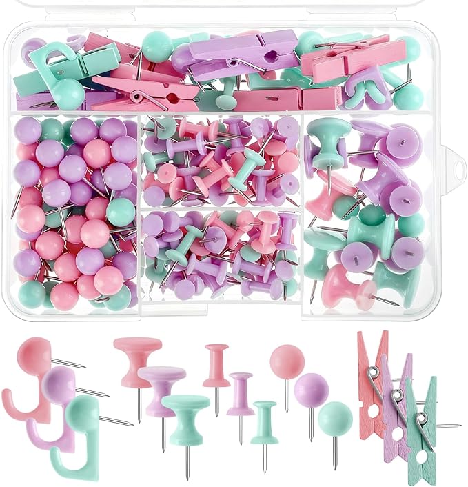 200 Pieces Push Pins Set, 5 Types Colorful Thumb Tacks Cute Decorative Push Pins by BESARME
